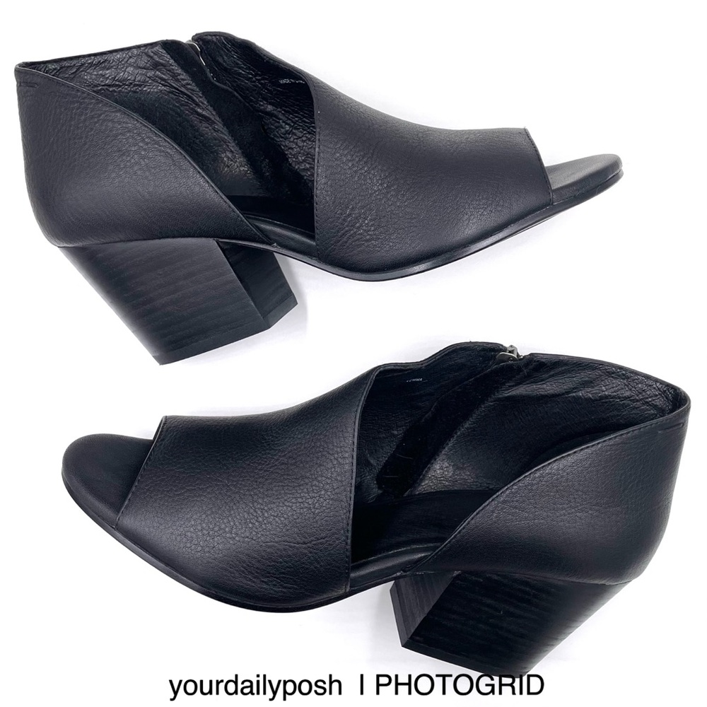 Black leather Eileen Fisher open toe d’Orsay Drake block heel ankle booties US 9